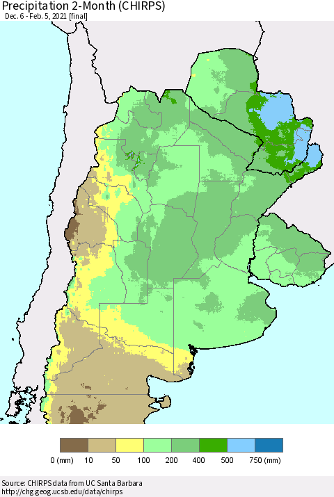 Southern South America Precipitation 2-Month (CHIRPS) Thematic Map For 12/6/2020 - 2/5/2021