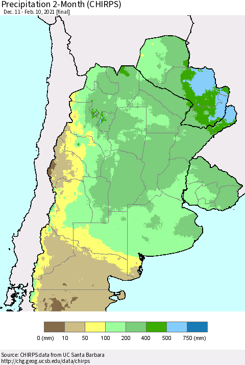 Southern South America Precipitation 2-Month (CHIRPS) Thematic Map For 12/11/2020 - 2/10/2021