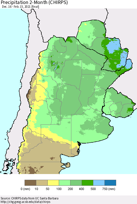 Southern South America Precipitation 2-Month (CHIRPS) Thematic Map For 12/16/2020 - 2/15/2021