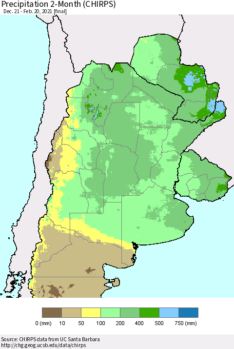 Southern South America Precipitation 2-Month (CHIRPS) Thematic Map For 12/21/2020 - 2/20/2021