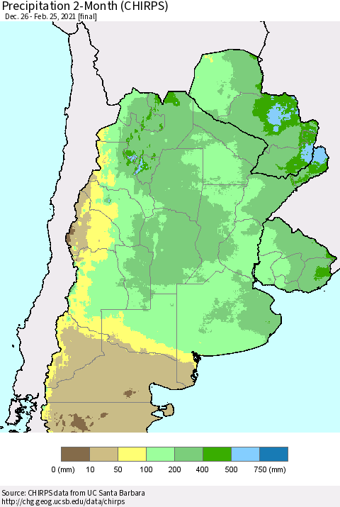 Southern South America Precipitation 2-Month (CHIRPS) Thematic Map For 12/26/2020 - 2/25/2021