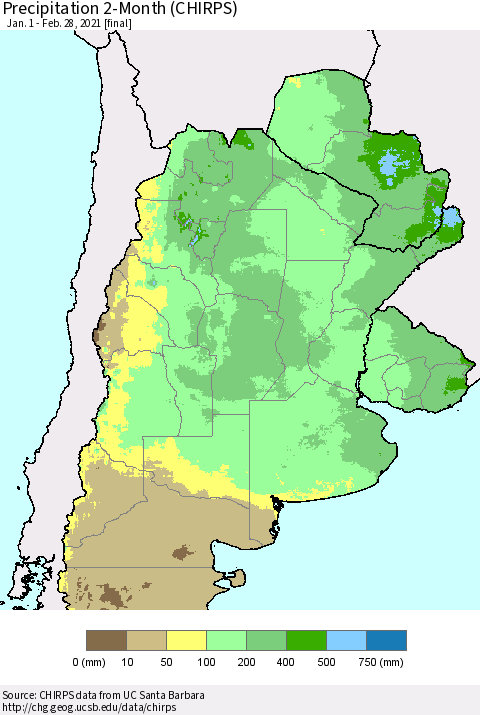 Southern South America Precipitation 2-Month (CHIRPS) Thematic Map For 1/1/2021 - 2/28/2021