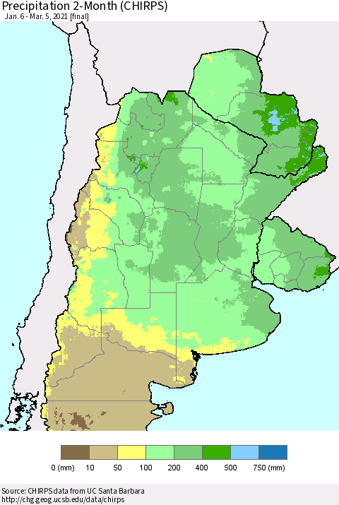 Southern South America Precipitation 2-Month (CHIRPS) Thematic Map For 1/6/2021 - 3/5/2021