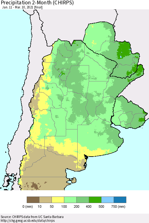 Southern South America Precipitation 2-Month (CHIRPS) Thematic Map For 1/11/2021 - 3/10/2021