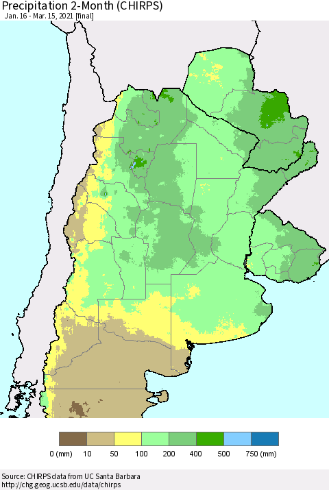 Southern South America Precipitation 2-Month (CHIRPS) Thematic Map For 1/16/2021 - 3/15/2021