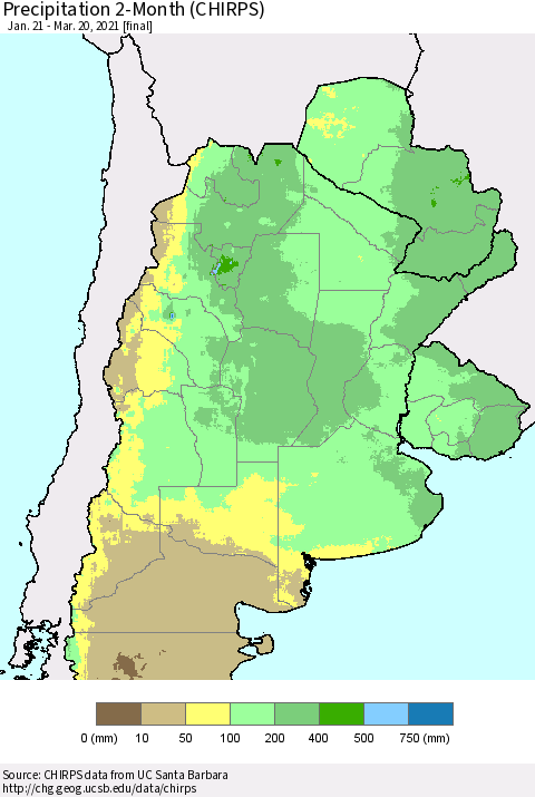Southern South America Precipitation 2-Month (CHIRPS) Thematic Map For 1/21/2021 - 3/20/2021