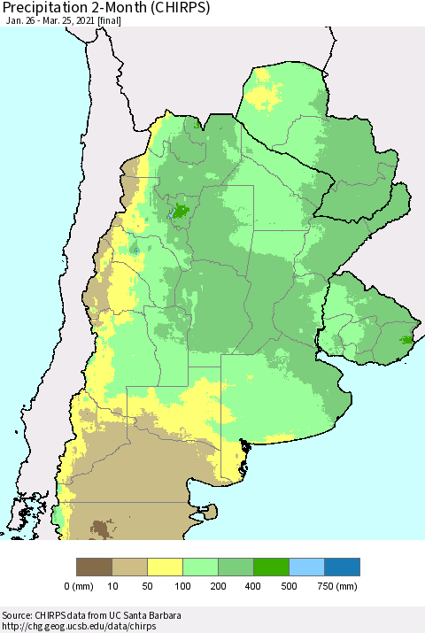 Southern South America Precipitation 2-Month (CHIRPS) Thematic Map For 1/26/2021 - 3/25/2021