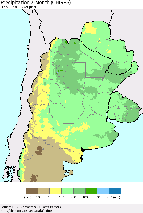 Southern South America Precipitation 2-Month (CHIRPS) Thematic Map For 2/6/2021 - 4/5/2021