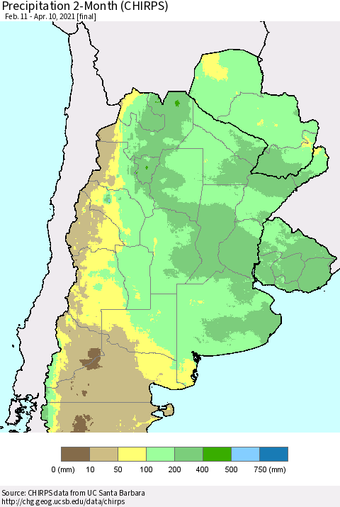 Southern South America Precipitation 2-Month (CHIRPS) Thematic Map For 2/11/2021 - 4/10/2021