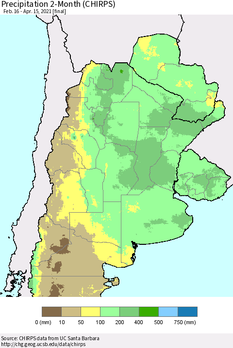 Southern South America Precipitation 2-Month (CHIRPS) Thematic Map For 2/16/2021 - 4/15/2021