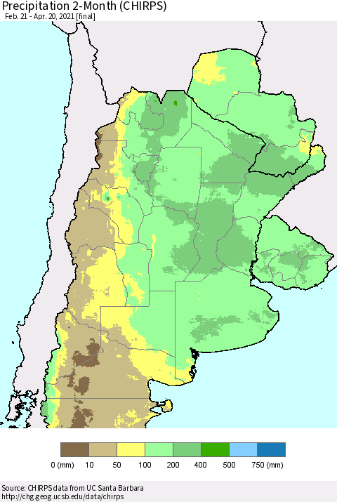 Southern South America Precipitation 2-Month (CHIRPS) Thematic Map For 2/21/2021 - 4/20/2021