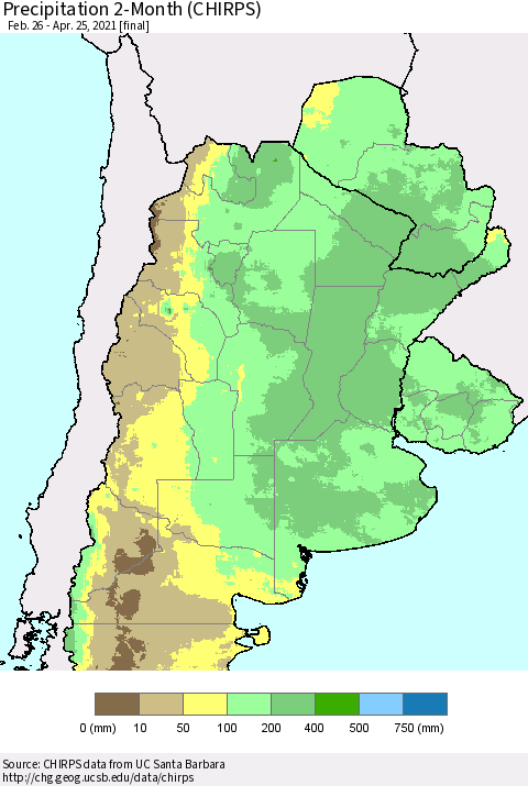 Southern South America Precipitation 2-Month (CHIRPS) Thematic Map For 2/26/2021 - 4/25/2021