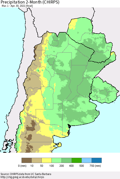Southern South America Precipitation 2-Month (CHIRPS) Thematic Map For 3/1/2021 - 4/30/2021