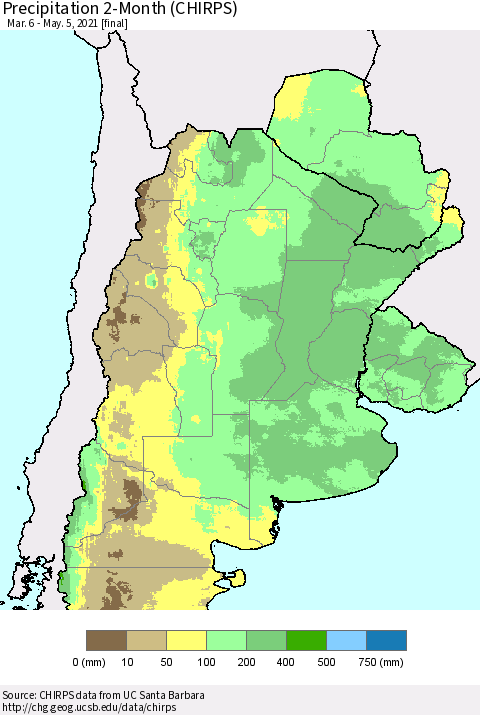 Southern South America Precipitation 2-Month (CHIRPS) Thematic Map For 3/6/2021 - 5/5/2021