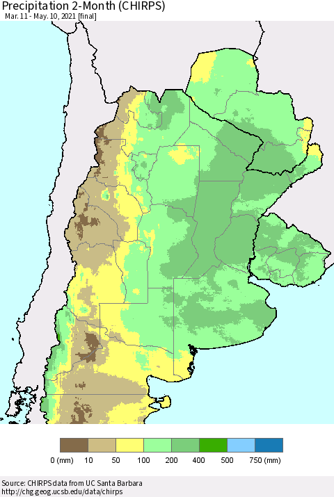 Southern South America Precipitation 2-Month (CHIRPS) Thematic Map For 3/11/2021 - 5/10/2021