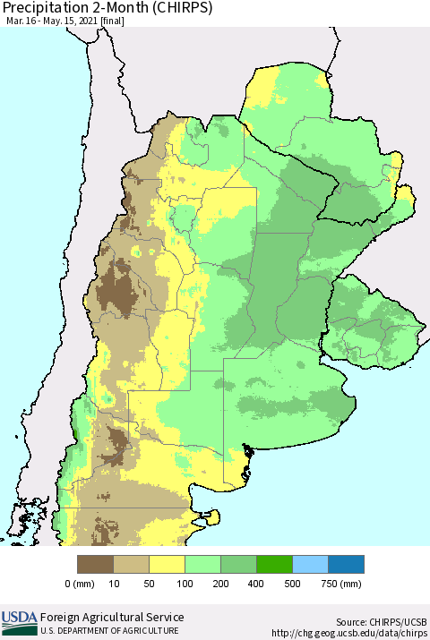 Southern South America Precipitation 2-Month (CHIRPS) Thematic Map For 3/16/2021 - 5/15/2021