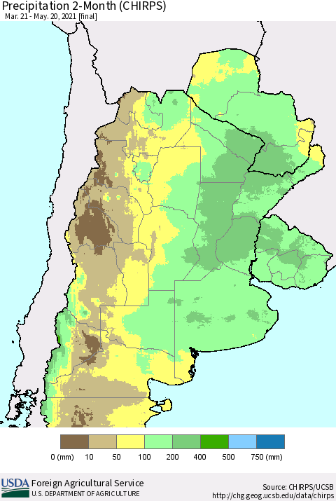 Southern South America Precipitation 2-Month (CHIRPS) Thematic Map For 3/21/2021 - 5/20/2021