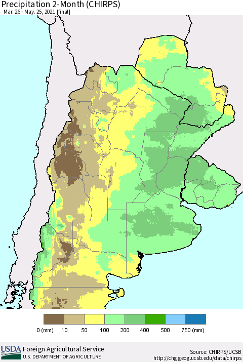 Southern South America Precipitation 2-Month (CHIRPS) Thematic Map For 3/26/2021 - 5/25/2021