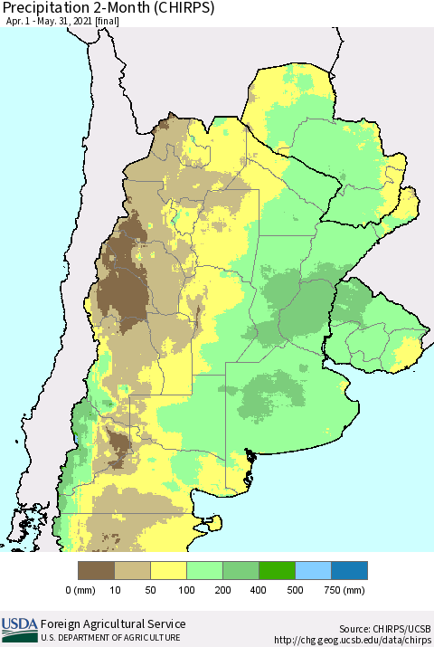 Southern South America Precipitation 2-Month (CHIRPS) Thematic Map For 4/1/2021 - 5/31/2021
