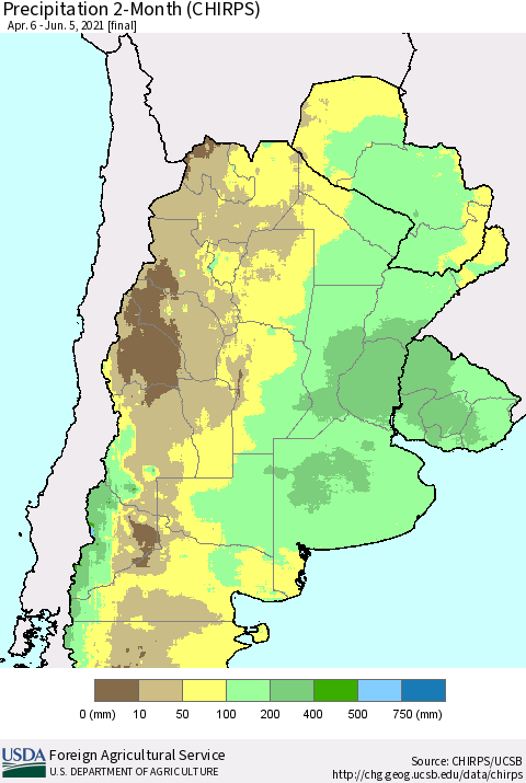 Southern South America Precipitation 2-Month (CHIRPS) Thematic Map For 4/6/2021 - 6/5/2021