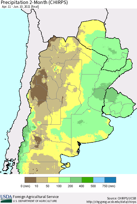 Southern South America Precipitation 2-Month (CHIRPS) Thematic Map For 4/11/2021 - 6/10/2021