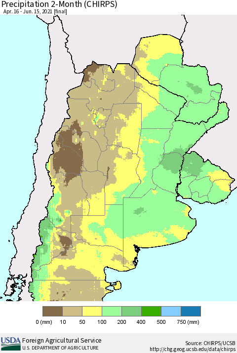 Southern South America Precipitation 2-Month (CHIRPS) Thematic Map For 4/16/2021 - 6/15/2021