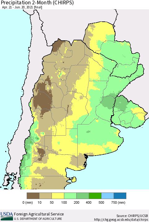 Southern South America Precipitation 2-Month (CHIRPS) Thematic Map For 4/21/2021 - 6/20/2021