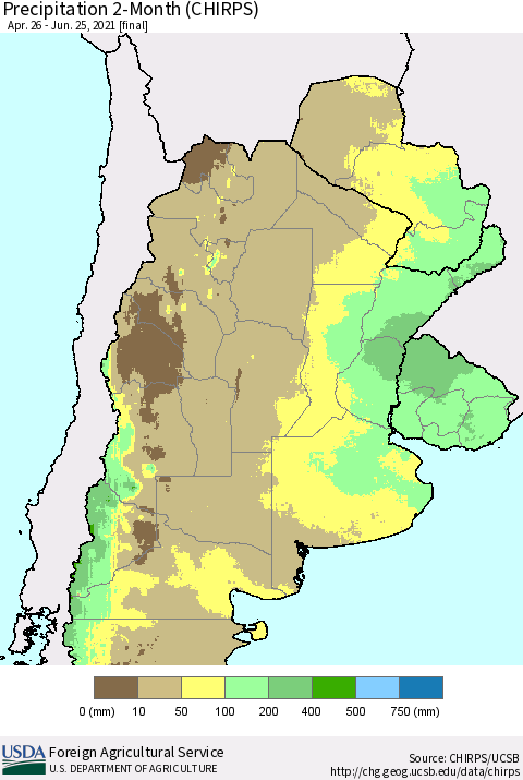 Southern South America Precipitation 2-Month (CHIRPS) Thematic Map For 4/26/2021 - 6/25/2021