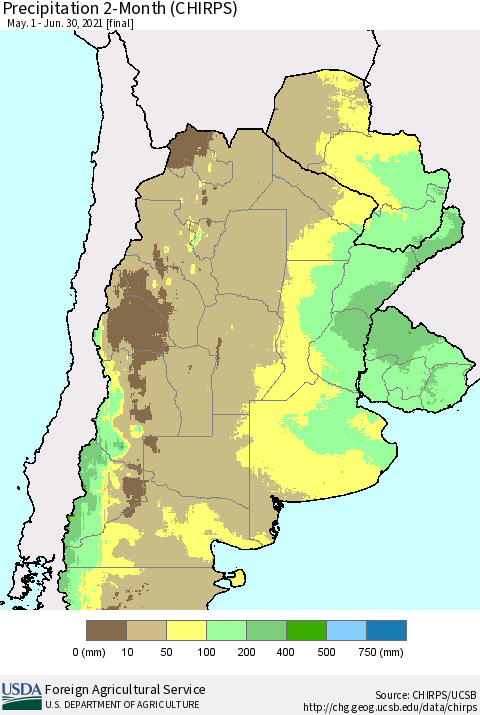 Southern South America Precipitation 2-Month (CHIRPS) Thematic Map For 5/1/2021 - 6/30/2021
