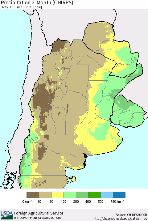 Southern South America Precipitation 2-Month (CHIRPS) Thematic Map For 5/11/2021 - 7/10/2021