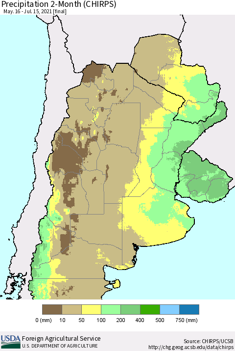 Southern South America Precipitation 2-Month (CHIRPS) Thematic Map For 5/16/2021 - 7/15/2021