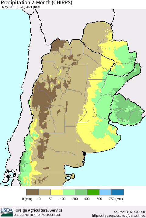 Southern South America Precipitation 2-Month (CHIRPS) Thematic Map For 5/21/2021 - 7/20/2021
