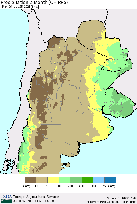 Southern South America Precipitation 2-Month (CHIRPS) Thematic Map For 5/26/2021 - 7/25/2021