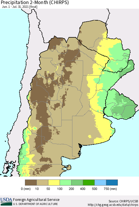 Southern South America Precipitation 2-Month (CHIRPS) Thematic Map For 6/1/2021 - 7/31/2021