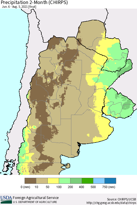 Southern South America Precipitation 2-Month (CHIRPS) Thematic Map For 6/6/2021 - 8/5/2021