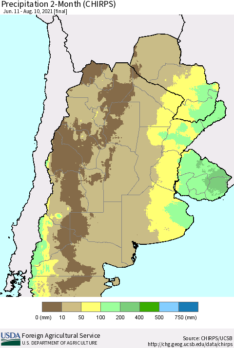 Southern South America Precipitation 2-Month (CHIRPS) Thematic Map For 6/11/2021 - 8/10/2021