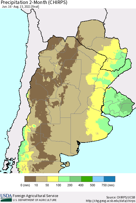 Southern South America Precipitation 2-Month (CHIRPS) Thematic Map For 6/16/2021 - 8/15/2021