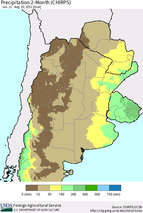 Southern South America Precipitation 2-Month (CHIRPS) Thematic Map For 6/21/2021 - 8/20/2021