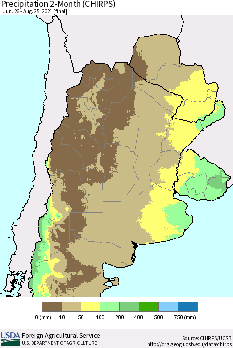 Southern South America Precipitation 2-Month (CHIRPS) Thematic Map For 6/26/2021 - 8/25/2021