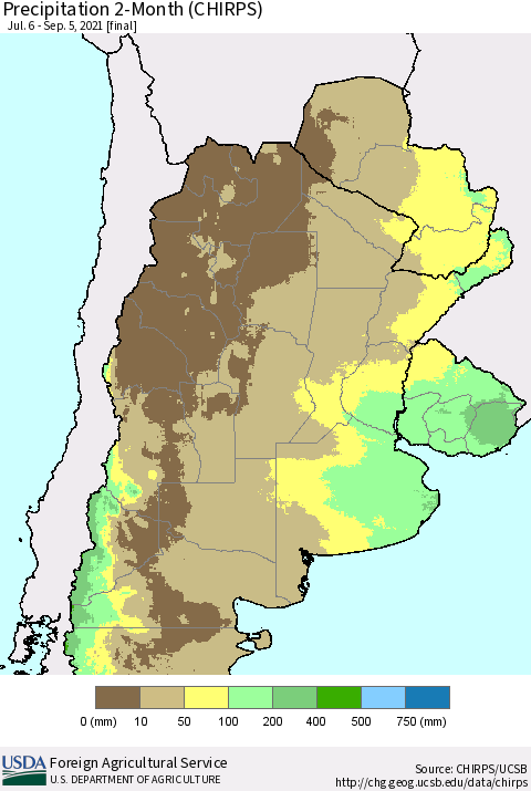 Southern South America Precipitation 2-Month (CHIRPS) Thematic Map For 7/6/2021 - 9/5/2021