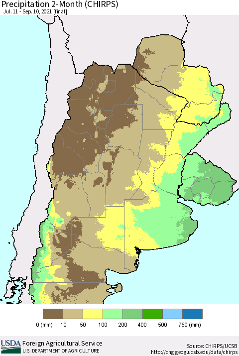 Southern South America Precipitation 2-Month (CHIRPS) Thematic Map For 7/11/2021 - 9/10/2021