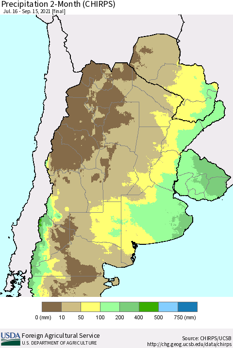 Southern South America Precipitation 2-Month (CHIRPS) Thematic Map For 7/16/2021 - 9/15/2021