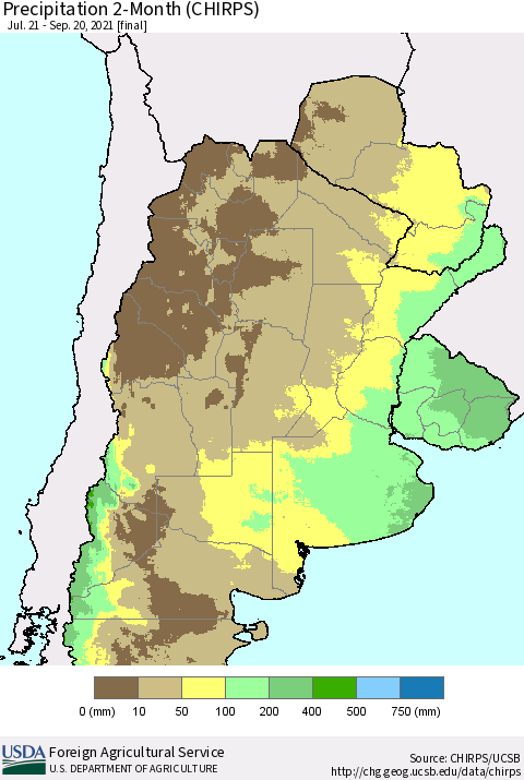 Southern South America Precipitation 2-Month (CHIRPS) Thematic Map For 7/21/2021 - 9/20/2021