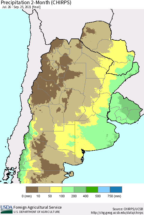 Southern South America Precipitation 2-Month (CHIRPS) Thematic Map For 7/26/2021 - 9/25/2021