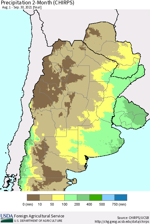 Southern South America Precipitation 2-Month (CHIRPS) Thematic Map For 8/1/2021 - 9/30/2021