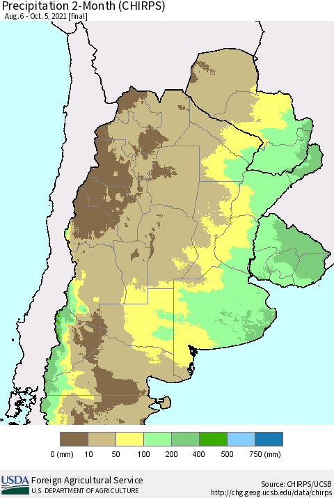 Southern South America Precipitation 2-Month (CHIRPS) Thematic Map For 8/6/2021 - 10/5/2021