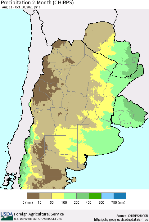 Southern South America Precipitation 2-Month (CHIRPS) Thematic Map For 8/11/2021 - 10/10/2021