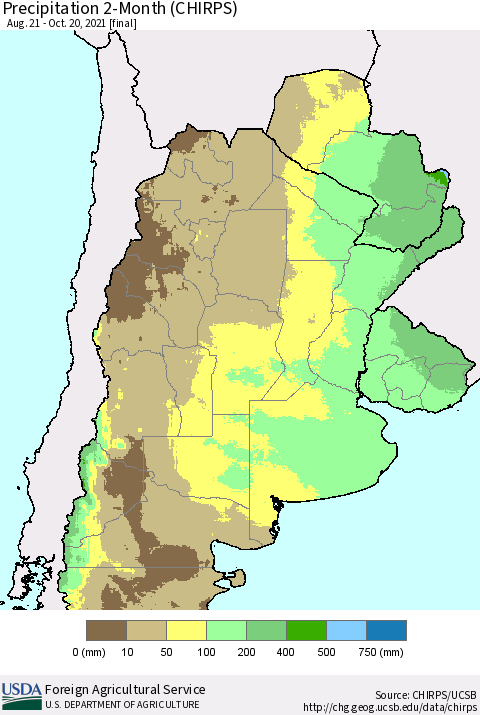 Southern South America Precipitation 2-Month (CHIRPS) Thematic Map For 8/21/2021 - 10/20/2021