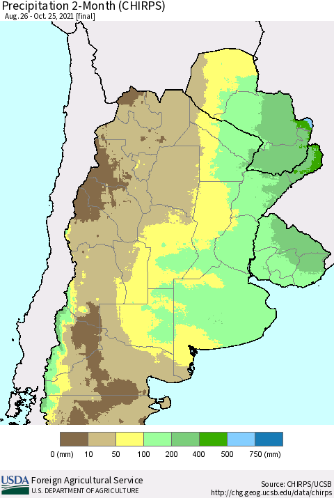 Southern South America Precipitation 2-Month (CHIRPS) Thematic Map For 8/26/2021 - 10/25/2021