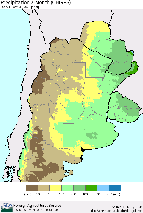 Southern South America Precipitation 2-Month (CHIRPS) Thematic Map For 9/1/2021 - 10/31/2021